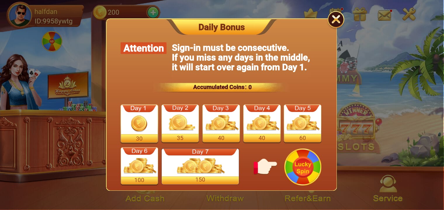 Get Free Daily Bonus in HappyLotus Game
